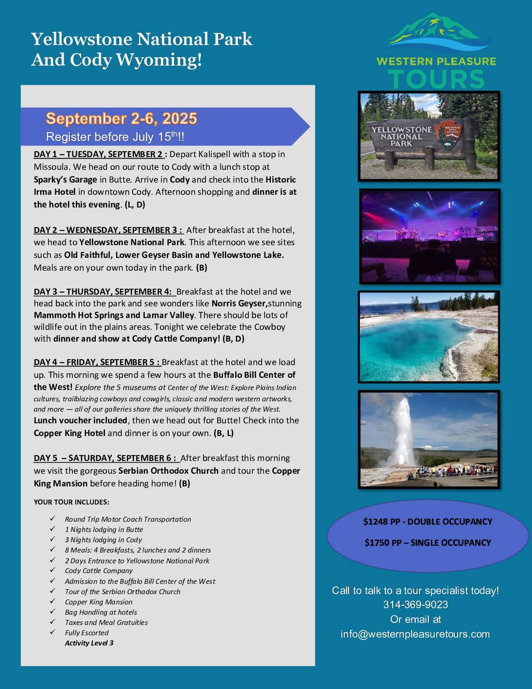 Yellowstone National Park and Cody, WY September 2-6, 2025